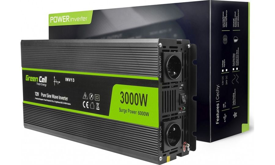 Napájací menič Green Cell 12V na 230V, 3000W/6000W, čistá sínusoida