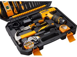 TOLSEN Akumulátorový vŕtací skrutkovač 12V, 1x1,5Ah + sada ručného náradia v kufríku, 65 ks