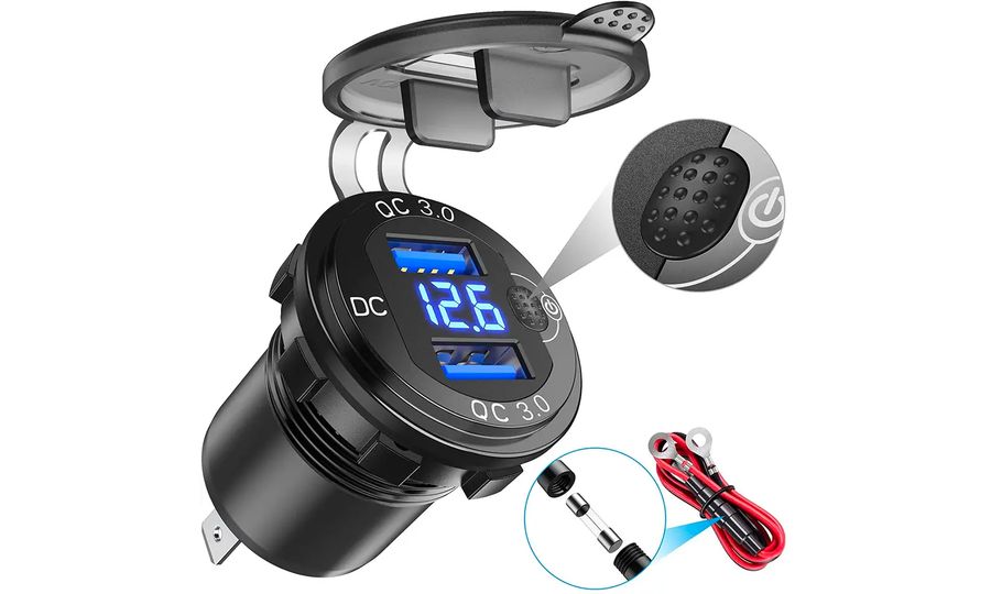 Vodotesná vstavaná nabíjačka/zásuvka s monitorom napätia, 2x USB, QuickCharge 3.0