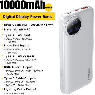 Powerbank Essager s digitálnym displejom a integrovaným káblom 10000mAh 22,5W - biela (Heteromypil)