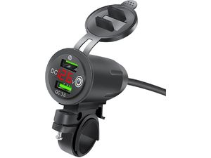 Vodotesná nabíjačka s monitorom napätia na riadidlách, 2x USB, rýchle nabíjanie QC3.0