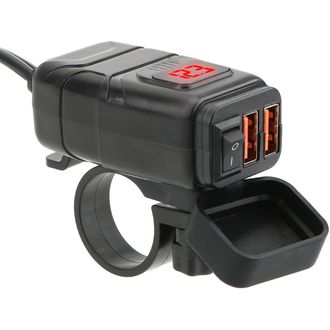 Vodotesná nabíjačka s monitorom napätia na riadidlách, 2x USB, QuickCharge 3.0