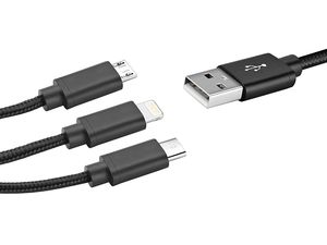 Opletený nabíjací kábel 3v1 USB-C, Lightning, MicroUSB na nabíjanie až 3 telefónov súčasne