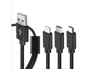 Opletený nabíjací kábel 3v1 USB-C, Lightning, MicroUSB na nabíjanie až 3 telefónov súčasne