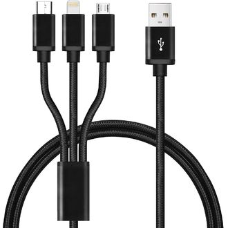 Opletený nabíjací kábel 3v1 USB-C, Lightning, MicroUSB na nabíjanie až 3 telefónov súčasne