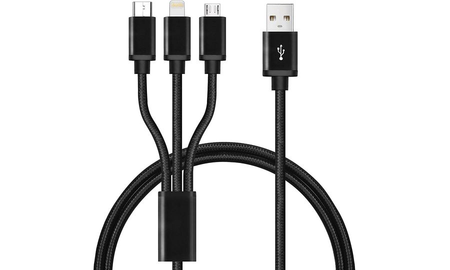Opletený nabíjací kábel 3v1 USB-C, Lightning, MicroUSB na nabíjanie až 3 telefónov súčasne