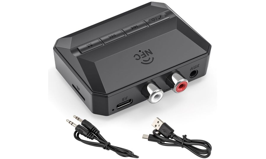 VAORLO Bluetooth 5.3 audio prijímač, RCA (Cinch), 3,5 mm AUX, USB, microSD, NFC, mikrofón, do auta