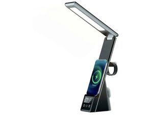 Mobilly 5v1, stolná lampa, 15W bezdrôtová nabíjačka, budík, stojan na telefón, čierna