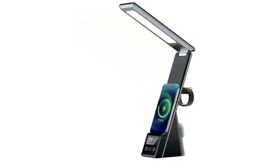Mobilly 5v1, stolná lampa, 15W bezdrôtová nabíjačka, budík, stojan na telefón, čierna