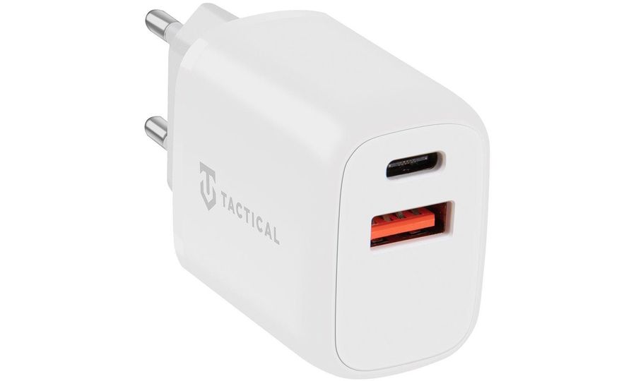 Tactical Základná zástrčka Dual, USB/C a USB-A 20W sieťová nabíjačka-adaptér, biela