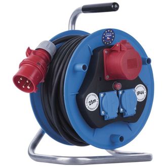 Vonkajší predlžovací kábel na bubne 25 m / 3 zásuvky / čierna / guma / 230V/400V / 1,5 mm2