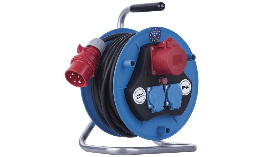Vonkajší predlžovací kábel na bubne 25 m / 3 zásuvky / čierna / guma / 230V/400V / 1,5 mm2