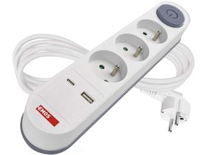 Predlžovací kábel EMOS 2 m, 3 zásuvky, prepínač, 1×USB-A + 1×USB-C , 1,5 mm2, biely