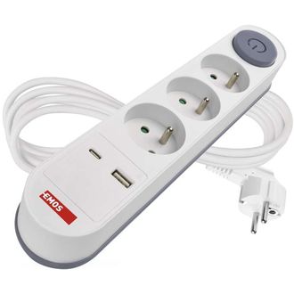 Predlžovací kábel EMOS 2 m, 3 zásuvky, prepínač, 1×USB-A + 1×USB-C , 1,5 mm2, biely