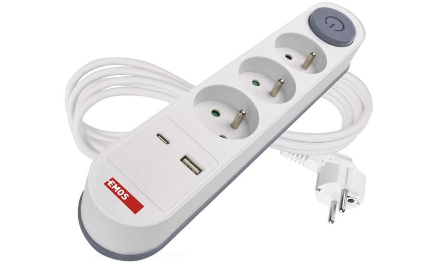 Predlžovací kábel EMOS 2 m, 3 zásuvky, prepínač, 1×USB-A + 1×USB-C , 1,5 mm2, biely