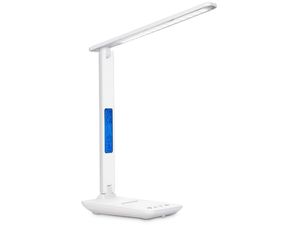 Stolná LED lampa Mobilly s displejom a bezdrôtovou nabíjačkou, biela
