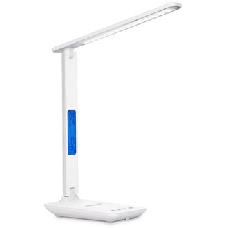 Stolná LED lampa Mobilly s displejom a bezdrôtovou nabíjačkou, biela