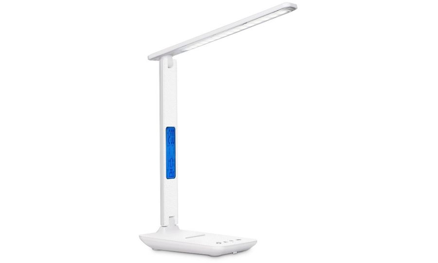 Stolná LED lampa Mobilly s displejom a bezdrôtovou nabíjačkou, biela