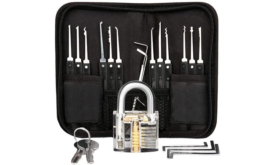 Súprava čepelí LockPick 17v1 s priehľadným tréningovým zámkom