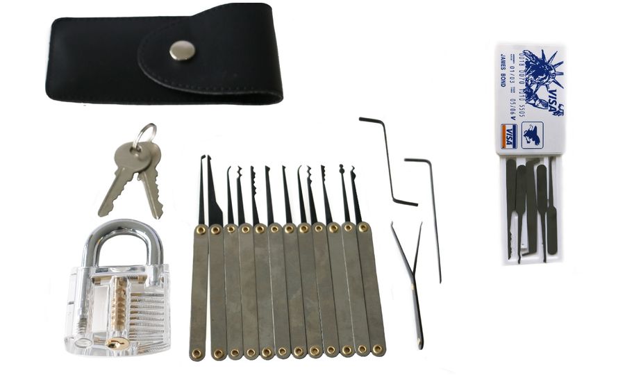 Mobilly súprava klieští lockpick 20v1 s priehľadným tréningovým zámkom a kartou klieští