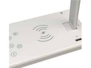 Stolná LED lampa Mobilly, nastavenie farby a intenzity svetla, bezdrôtová nabíjačka Qi, USB, biela