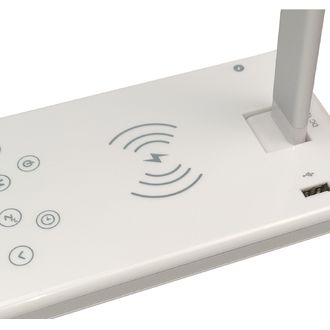 Stolná LED lampa Mobilly, nastavenie farby a intenzity svetla, bezdrôtová nabíjačka Qi, USB, biela