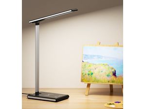 Stolná LED lampa Mobilly, nastavenie farby a intenzity svetla, bezdrôtová nabíjačka Qi, USB, biela