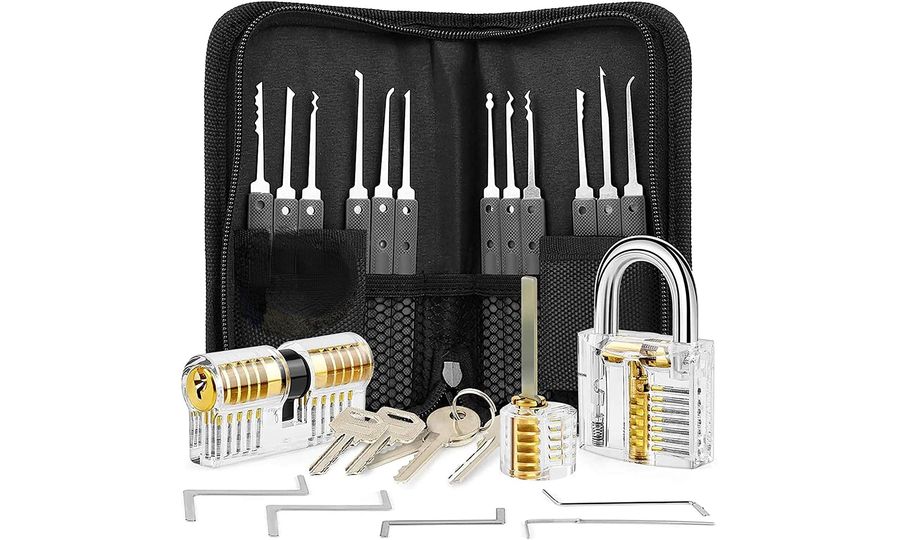 Mobilly Súprava klieští LockPick 15v1 + 3x priehľadný tréningový zámok, čierna