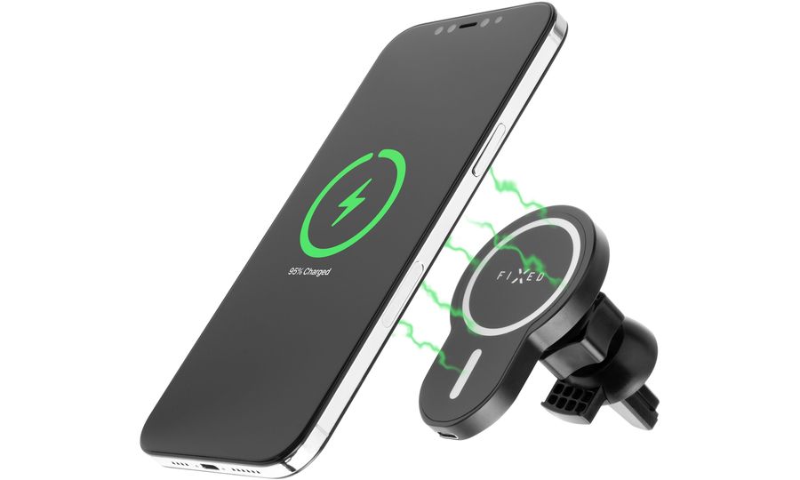 Držiak do ventilačnej mriežky FIXED MagClick s bezdrôtovým nabíjaním Qi 15 W a nástavcom MagSafe, čierny