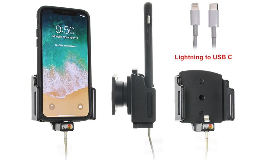Brodit držiak pre Apple iPhone 11 Pro/11/XR/Xs/X v puzdre, priechodka pre orig. Blesk/USB-C
