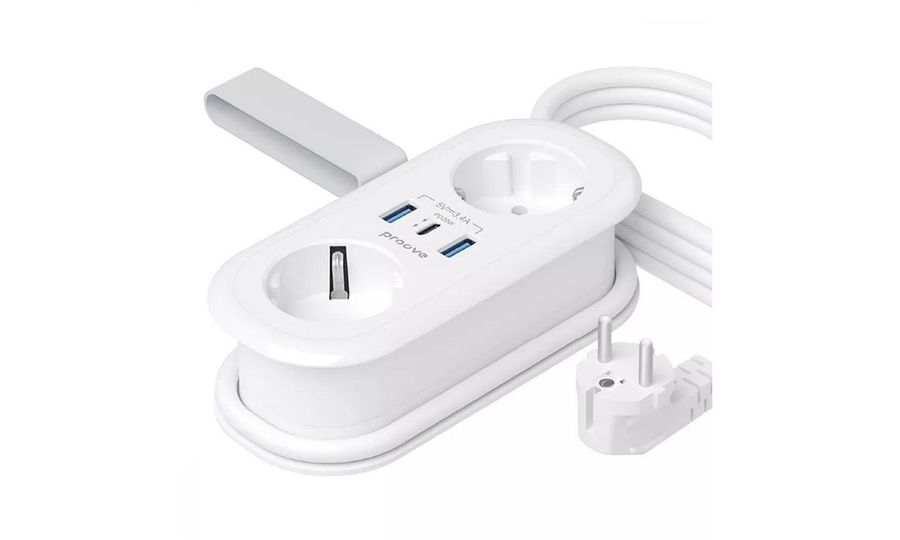 Predlžovací kábel Proove Supercoil 20W (2AC + 1 Type-C + 2 USB) 1,5 m